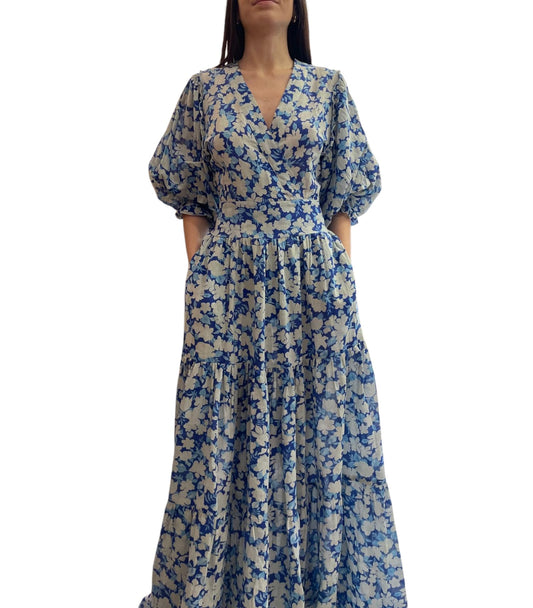 Abito lungo fiori azzurro